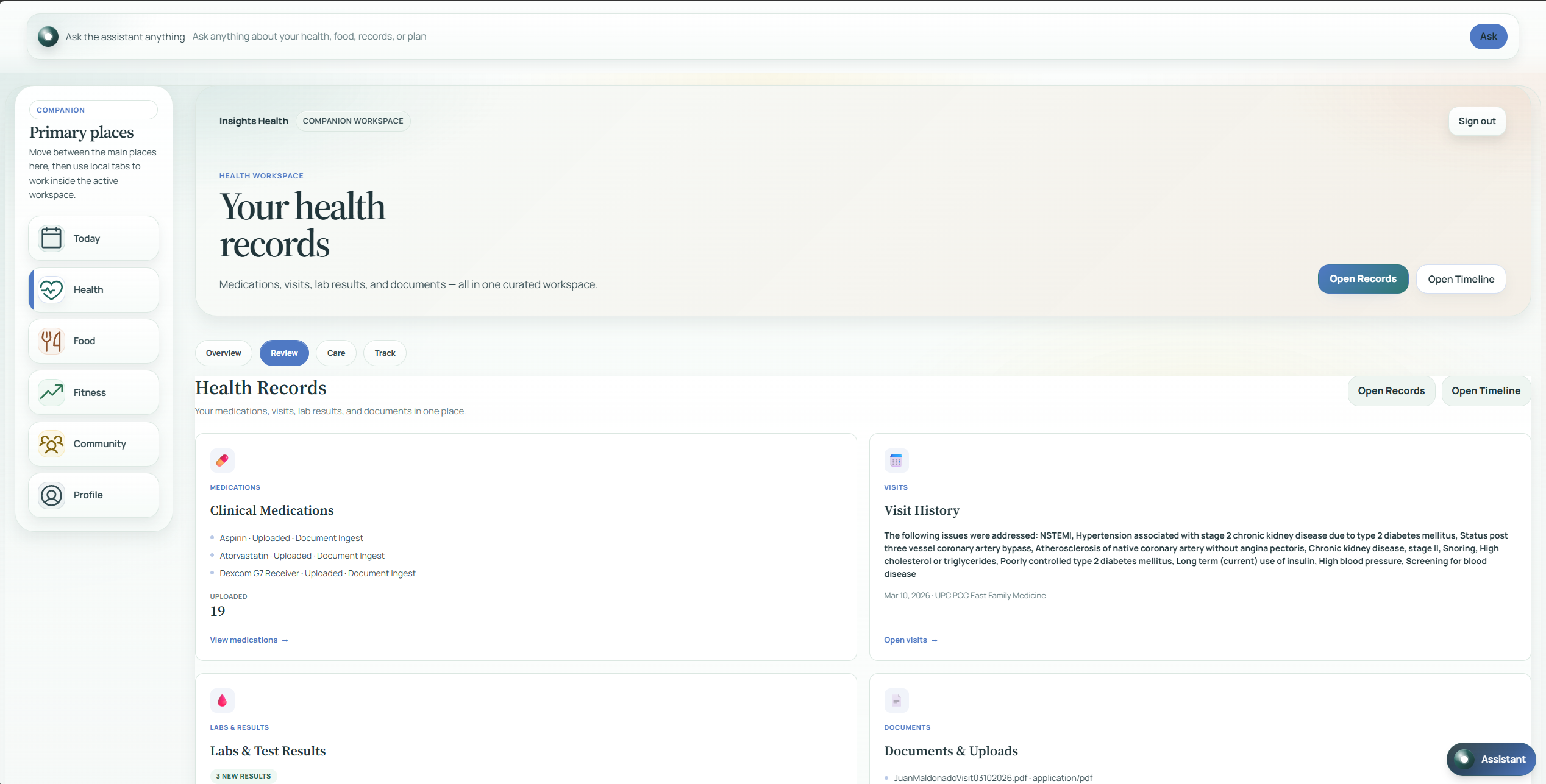 Insights Salud patient surface — personal health records dashboard